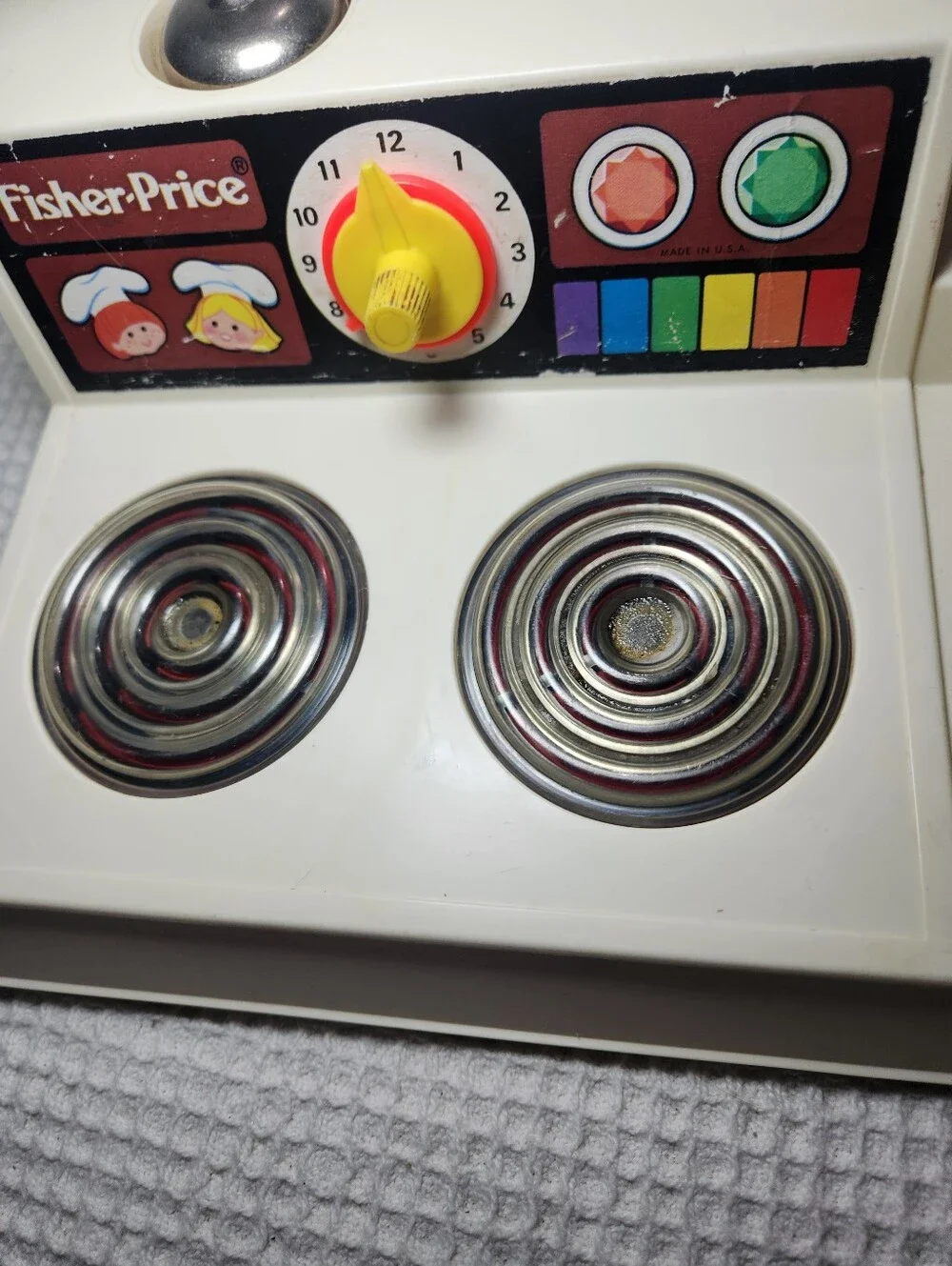 Fisher-Price Vintage Toy Stove in White with Yellow Accents